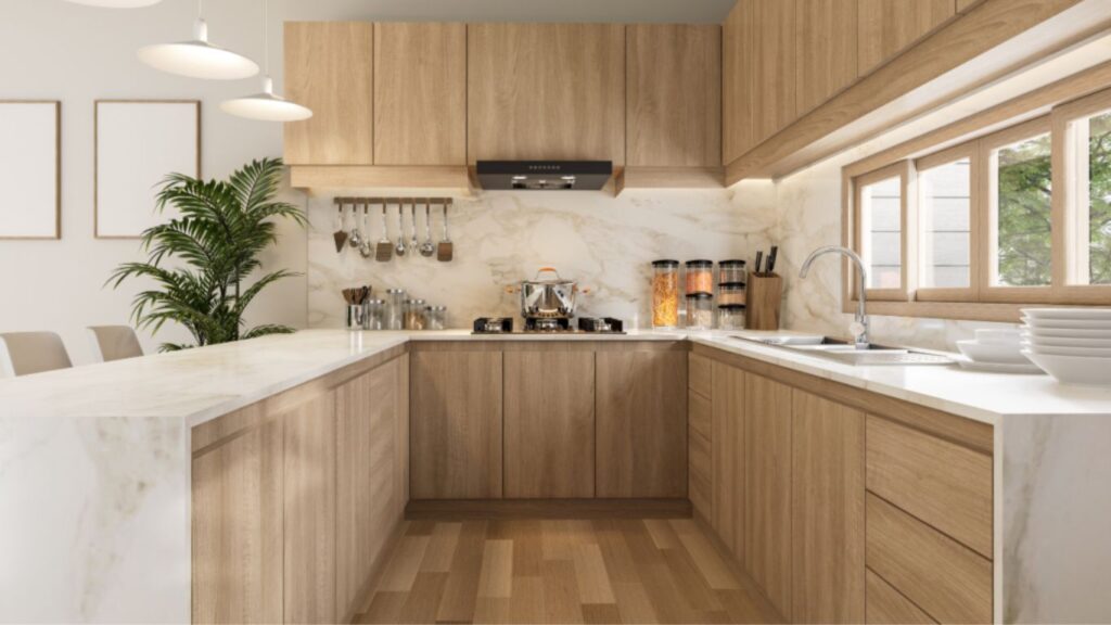 kitchen with wood color cabinets in u shaped design