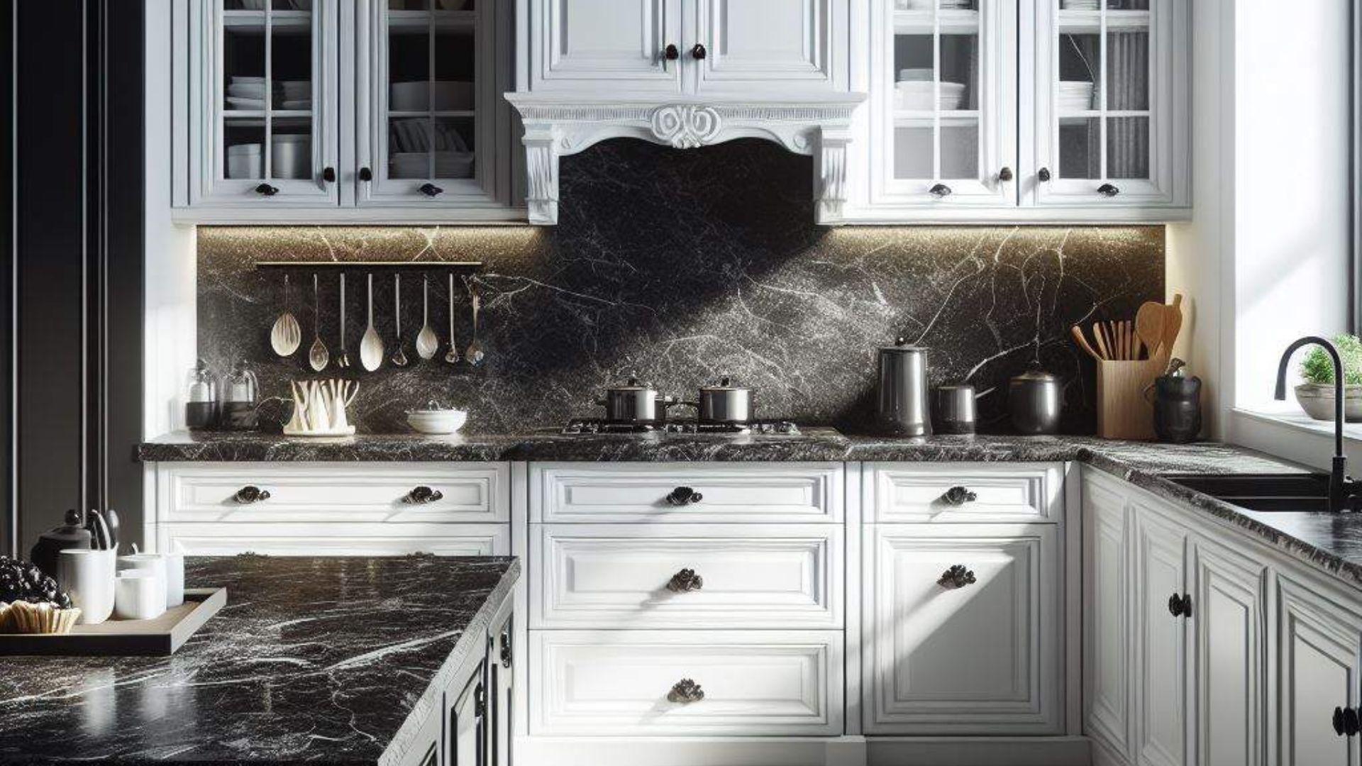 Black granite countertop with white kitchen cabinets