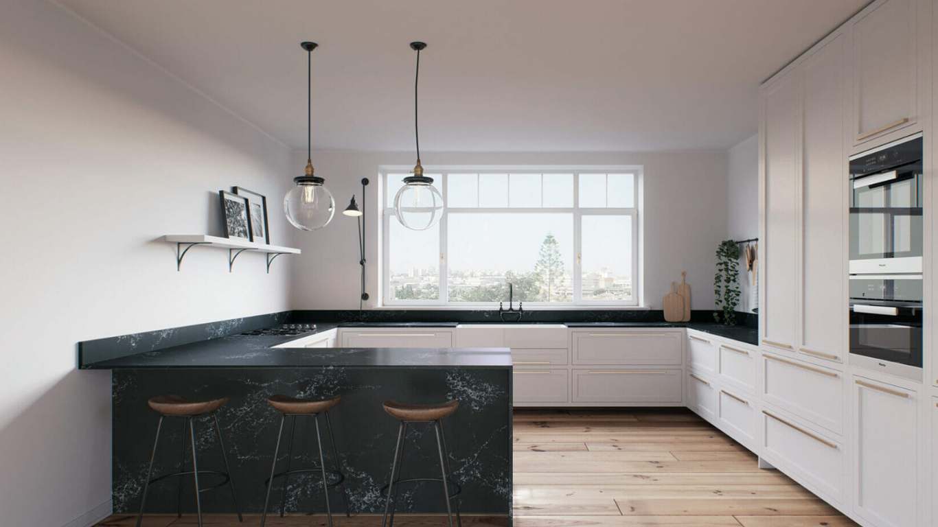 Elegant and sophisticated kitchen design, consider black quartz countertops