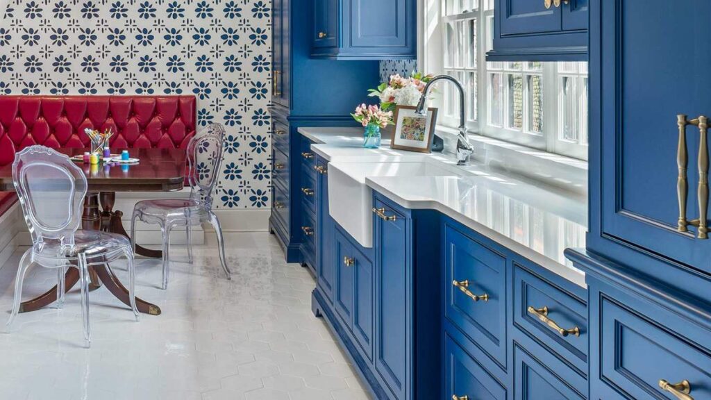 Blue cabinet kitchen with arctic white quartz countertop