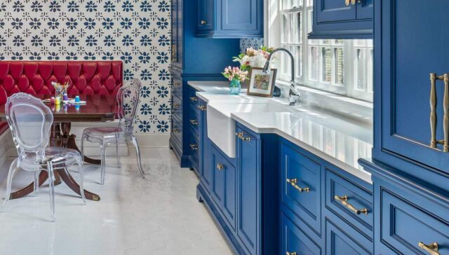 Blue cabinet kitchen with arctic white quartz countertop