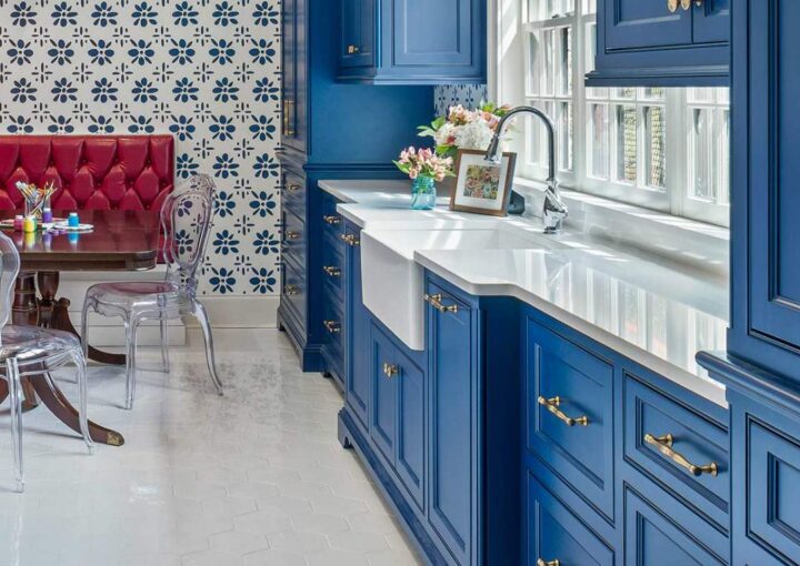 Blue cabinet kitchen with arctic white quartz countertop